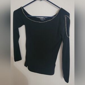 Bebe Black Long-Sleeve Top with Chain Trim XXS